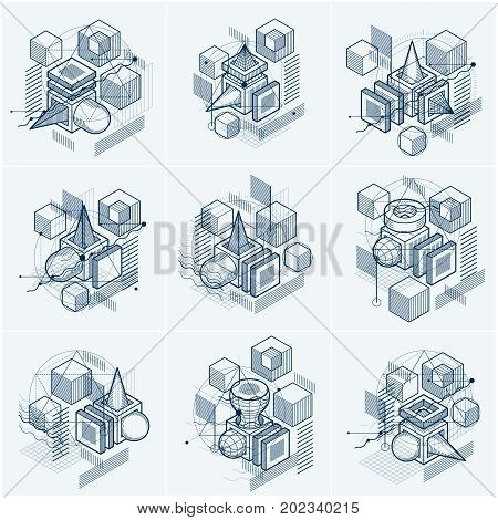 Isometric linear abstract vector backgrounds lined abstractions. Cubes hexagons squares rectangles and different abstract elements. Vector set.