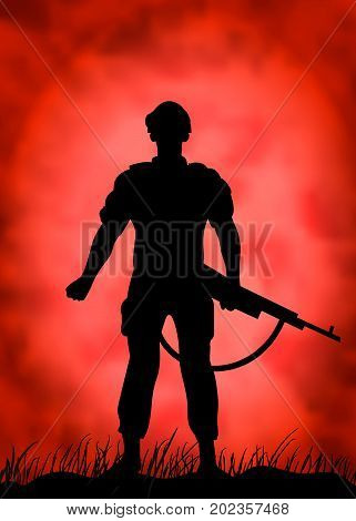 Silhouette of a soldier against the background of a crimson sky.