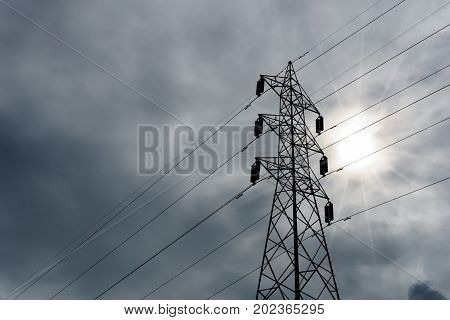 500 Kv Transmission Line In Maemoh Lampang Thailand. Electricity Transmission Pylon With Blue Sky An