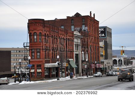 UTICA, NY, USA - FEB. 22, 2013: Historic Building in Lower Genesee Street Historic District in downtown Utica, New York State, USA. This area is a National Register of Historic Places.