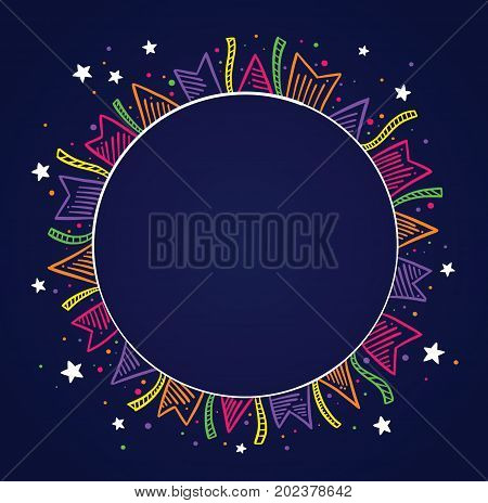 Dark background with colored flags drawing around a circle with space to place text