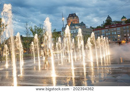 The Frontenac Castle in Old Quebec City with water on the bottom