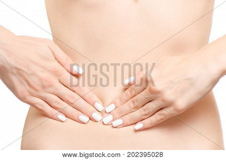 Female hands on female abdomen appendicitis on white background isolation