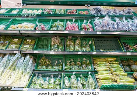 BUSAN, SOUTH KOREA - MAY 25, 2017: inside a Lotte Mart in Busan. Lotte Mart is an east Asian hypermarket that sells a variety of groceries, clothing, toys, electronics, and other goods.