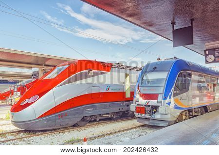 Venice, Italy - May 13, 2017 : Modern High-speed Passenger Train Stand On Main Railways Station Veni