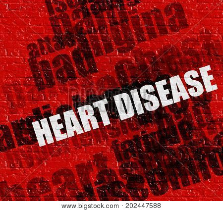 Modern healthcare concept: Red Wall with Heart Disease on the it . Heart Disease - on Wall with Wordcloud Around .