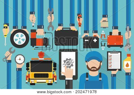 Car Online service modern design flat with mechanic and wrecker.Vector illustration