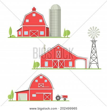 Set of old american farm icon in flat style. For web design and application interface. Vector illustration. Farm house with old tractor, barn, old wind mill or wind pump isolated on white background.