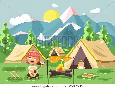 Stock vector illustration cartoon character child boy scout frying meat on open fire and sing songs, play guitar on nature, survival rules, adventure park outdoor background of mountains flat style