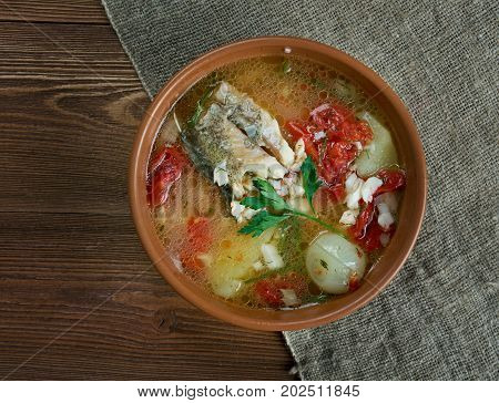 scherba - Russian Cossack fish soup , close up meal