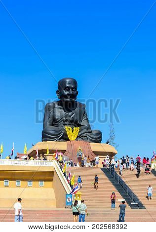 Prachuap Khiri Khan THAILAND - May 07 2017 Editorail use only;Luang Phor Tuad Statue at Wat Huai Mongkhon with Blue Sky