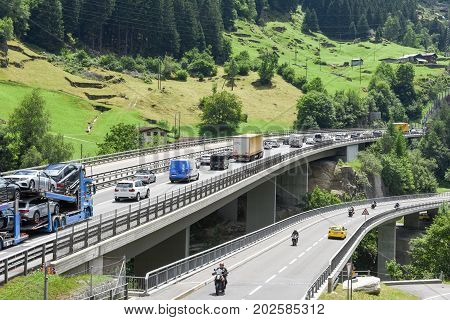 Vehicles Waiting In Line For Entering Gotthard Tunnel