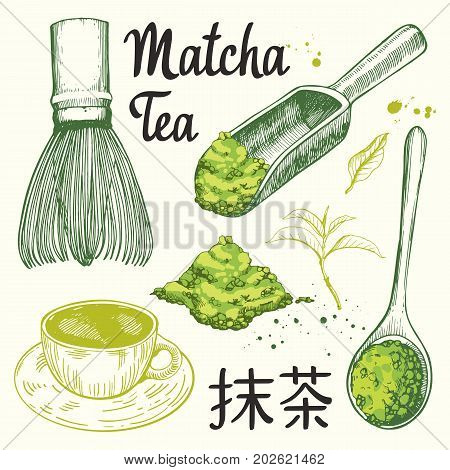 Japanese ethnic and national tea ceremony. Matcha. Traditions of teatime. Decorative elements for your design. Vector Illustration with party symbols on white background.