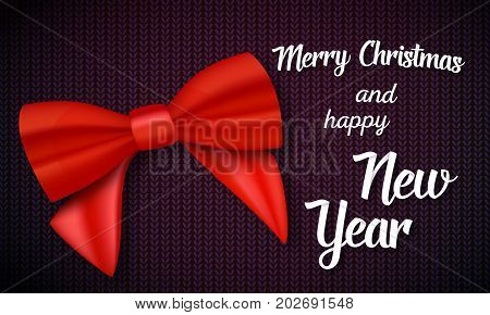 Illustration of Vector Merry Christmas Greeting Card. Realistic Red Ribbon with Paper Lettering on Kneeted Pattern Background