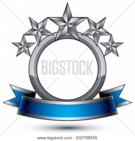 Geometric vector glamorous silver element isolated on white backdrop 3d polished five stars shaped blazon with blue wavy ribbon. Five stars branded glossy symbol.