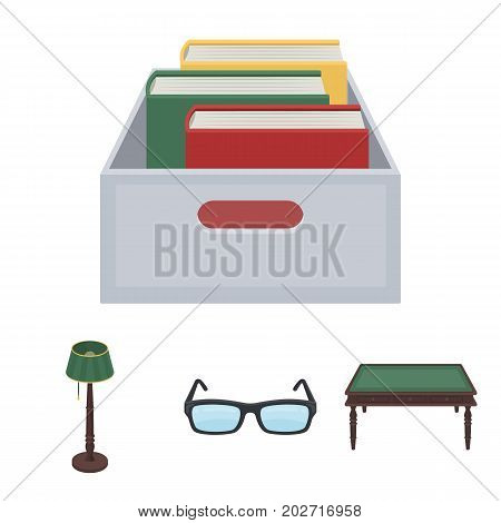 Glasses, a wooden table, a floor lamp, a box with books. A library and a bookstore set collection icons in cartoon style vector symbol stock illustration .
