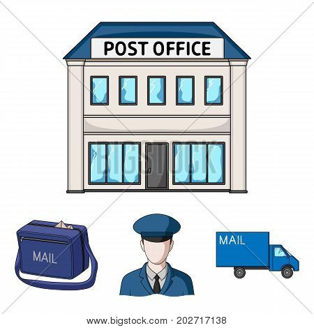The postman in uniform, mail machine, bag for correspondence, postal office.Mail and postman set collection icons in cartoon style vector symbol stock illustration .