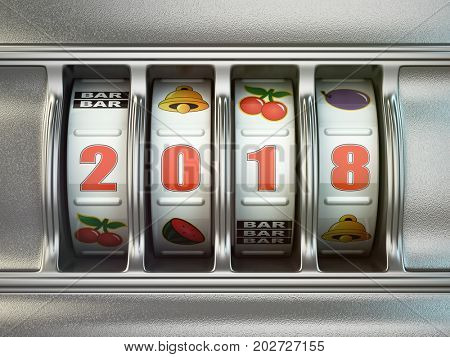Happy New Year 2018 in casino. Slot machine with number 2018. 3d illustration