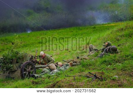 Soldiers with artillery.The VIII International Festival of Military History and remake for the battle `1944` 6.08.2016 in Valga, Estonia