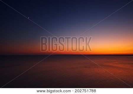 Golden Sunset With Moon Over The Black Sea Near Cape Kaliakra, Bulgaria, Aerial View