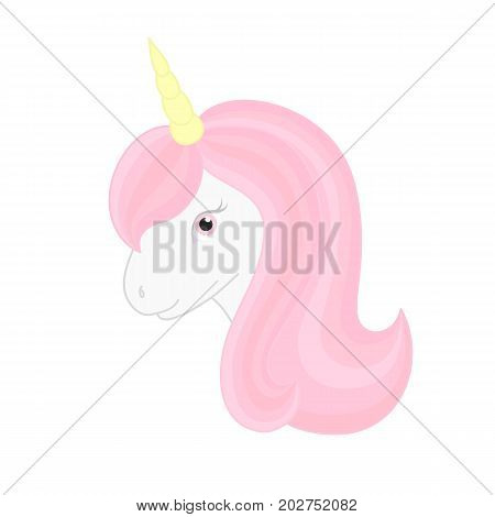 Cute unicorn. Vector isolated unicorn head with beautiful pink mane and horn. Great for for kids t-shirt print invitations and greeting cards.