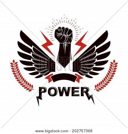 Raised strong clenched fist composed with lightning winged logo. Boxing club abstract emblem can be used as tattoo.