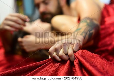 Perfect Morning And Sex Concept. Couple Holding Hands Tight