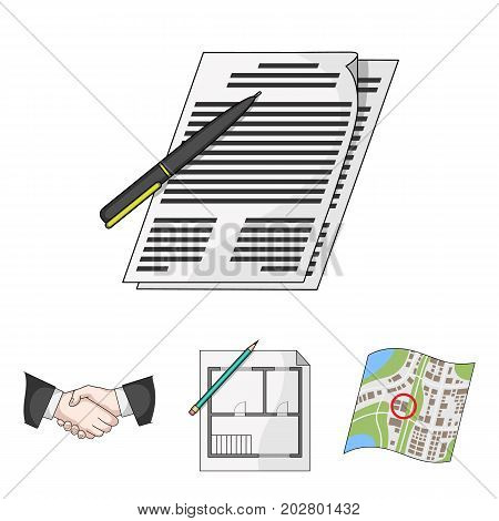 House plan, documents for signing, handshake, terrain plan. Realtor set collection icons in cartoon style vector symbol stock illustration .