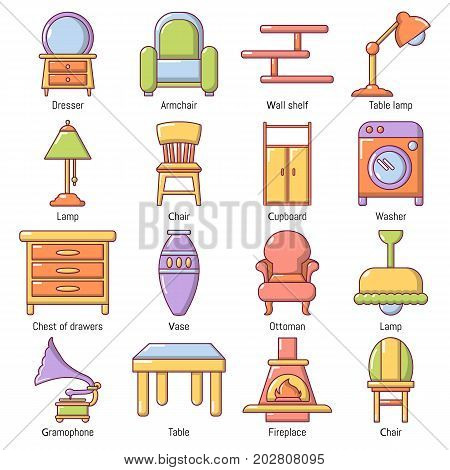 Interior furniture icons set. Carrtoon illustration of 16 interior furniture vector icons for web