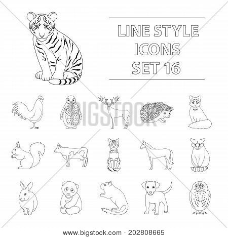 Deer, tiger, cow, cat, rooster, owl and other animal species.Animals set collection icons in outline style vector symbol stock illustration .