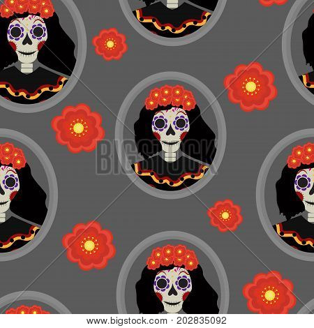 Dia de los muertos Calavera Katrina seamless pattern. Day of the dead with dead girl endless background. Repeating texture. Vector illustration