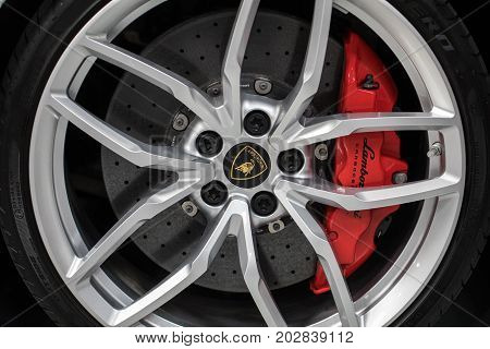 CRACOW POLAND - MAY 20 2017: The wheel of Lambroghini displayed at MOTO SHOW in Cracow Poland. Exhibitors present most interesting aspects of the automotive industry