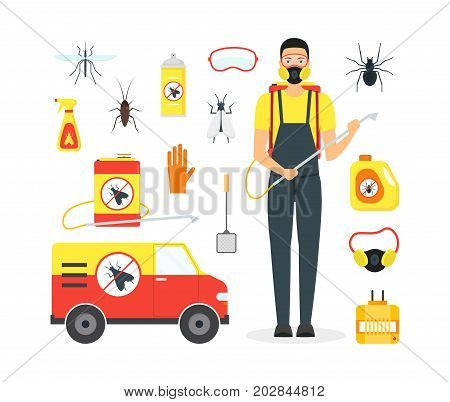 Cartoon Pest Control Service Business Equipment and Working Set Safety Home Flat Design Style for Poster. Vector illustration of Disinsection Control sign