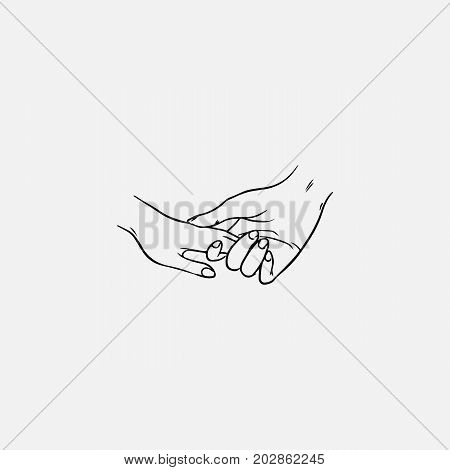 Drawing of holding hands isolated on white background. Symbol of love, dating, close relationship, intimacy and romance. Hand drawn black and white vector illustration