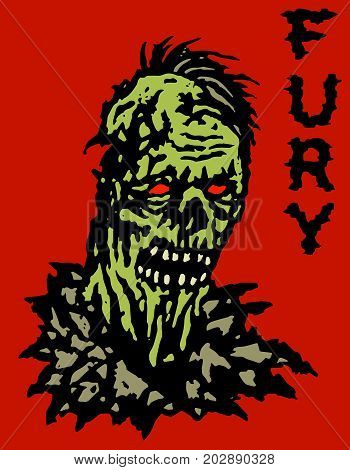 Fury dead zombie head. Vector illustration. Genre of horror. Red background.