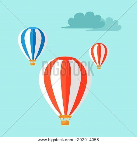 Airballoons flying in the blue sky vector illustration. Three colorful ballons fly among clouds. Air transportation symbols in flat design. Journey on hotair device concept, Taiwan means of transport