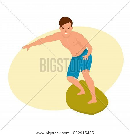 Summer vacation on sea and beach. Surfer man with surfboard standing and riding on ocean wave. Recreational beach water sport. Surf travel. Character person. Vector illustration in cartoon style.