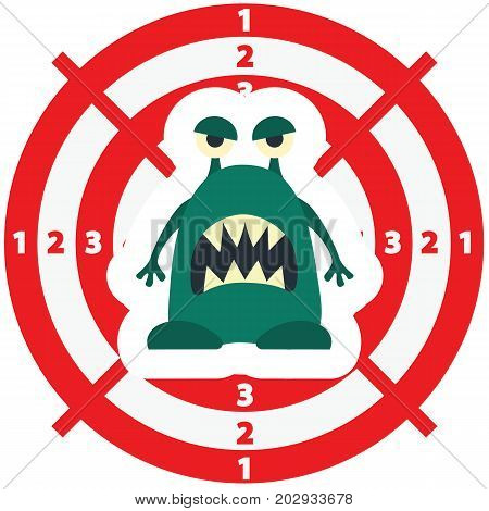 Target with green monster flat style on white background for children game, medical poster, hellowen party. Vector Illustration