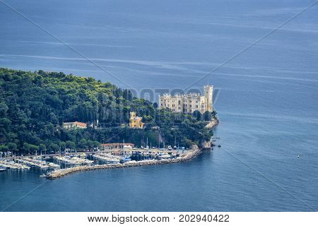 Aerial view of famous Miramare castle near Trieste Italy on the coast of Adriatic sea