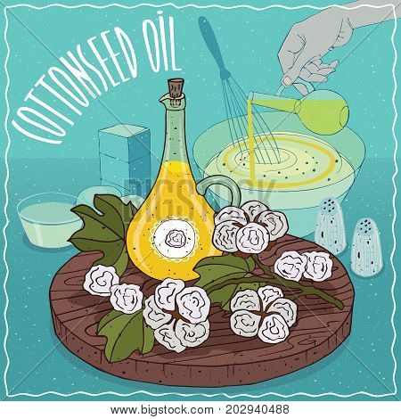 Glass Pitcher of Cotton seed oil and Gossypium or cotton plant. Hand pouring oil into bowl. Natural vegetable oil used for cooking
