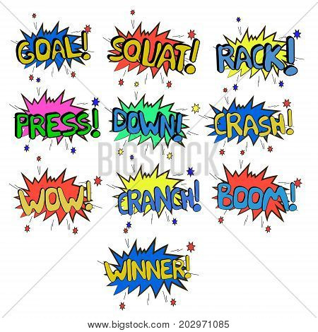 Sports comic sound effects for powerlifting and other sports. Graphic display of sounds for comics.
