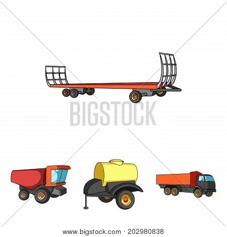 Trailer with a barrel, truck and other agricultural devices. Agricultural machinery set collection icons in cartoon style vector symbol stock illustration .