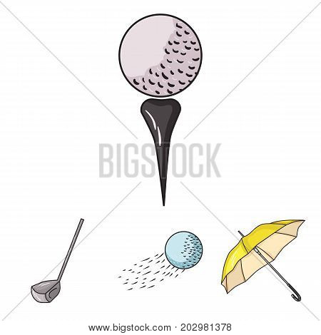 A flying ball, a yellow umbrella, a golf club, a ball on a stand. Golf Club set collection icons in cartoon style vector symbol stock illustration .