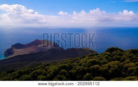 Landscape to Capelinhos volcano caldera at Faial, Azores, Portugal