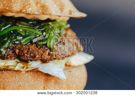 Burger Flyer. Cheese Burger With Grilled Meat, Cheese, Salad And Onion Rings. Close-up Of Delicious 