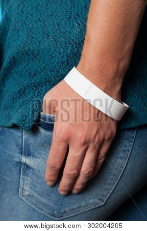 White Party Bracelet On Hand. Music Festival Wristband, Concert Event Mockup.