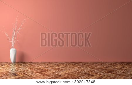 Empty Living Room With Coral Wall Interior Background, White Vase With Branch On The Wooden Floor 3d