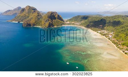 Corong Corong Beach, El Nido, Palawan, Philippines, View From Above.high Islands And Lagoon With A C