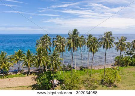 Landscape With Coconut Trees And Turquoise Lagoon, View From Above.seascape With Palm Trees And A Pe