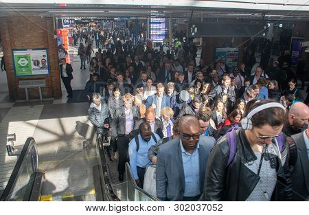London Liverpool Street United Kingdom  -13 May 2019: Crowd Of Commuters Queuing To Leave Rail Termi